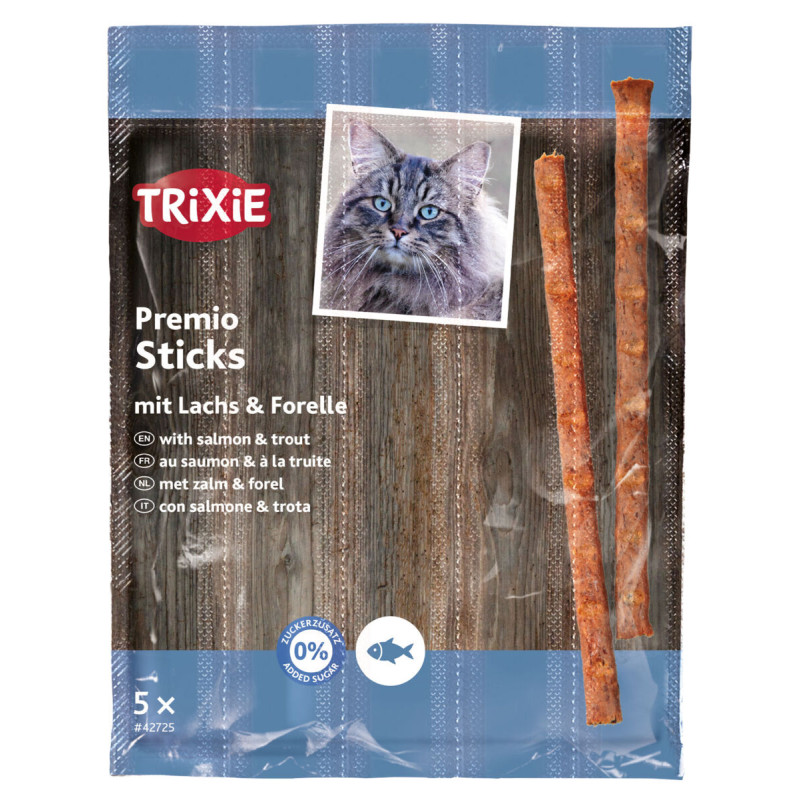 Gardumi kaķiem : Trixie Premio Quadro Sticks anti hairball, ar lasi un foreli, 5*5 g