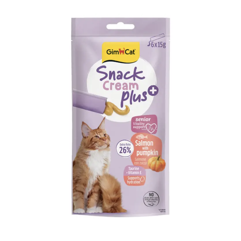 Gardumi kaķiem — GimCat SNACK CREAM + SALMON & PUMPKIN (SENIOR) 6 X 15 G