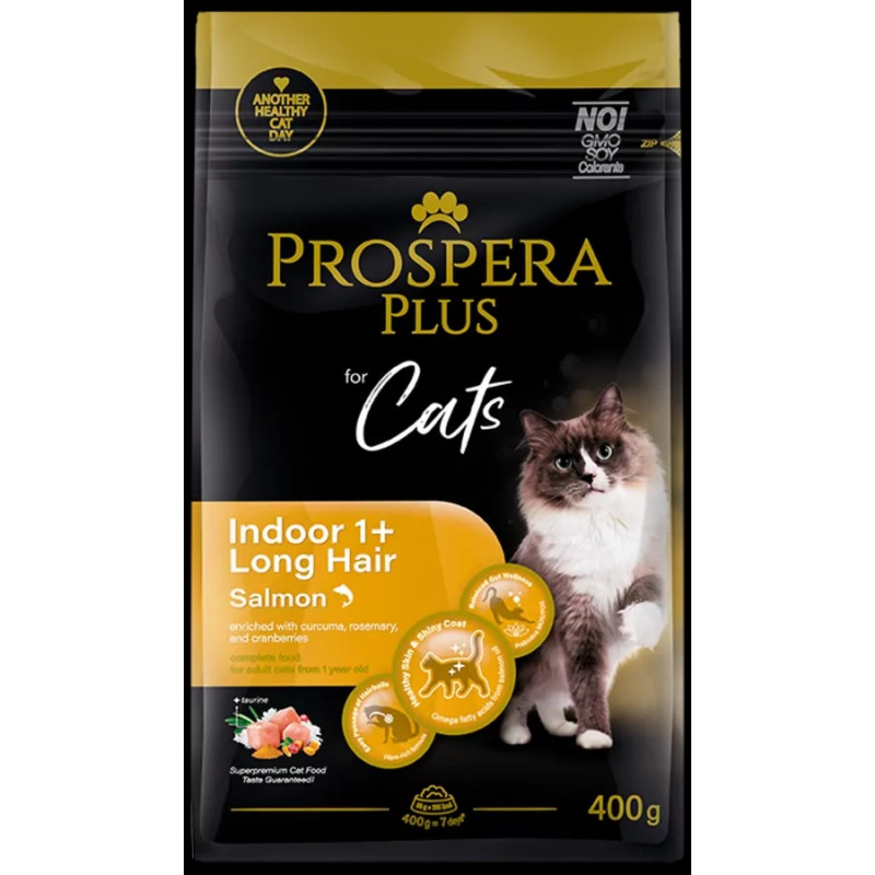 Barība kaķiem – Prospera Plus Indoor 1+ Salmon Long Hair, 0,4 kg