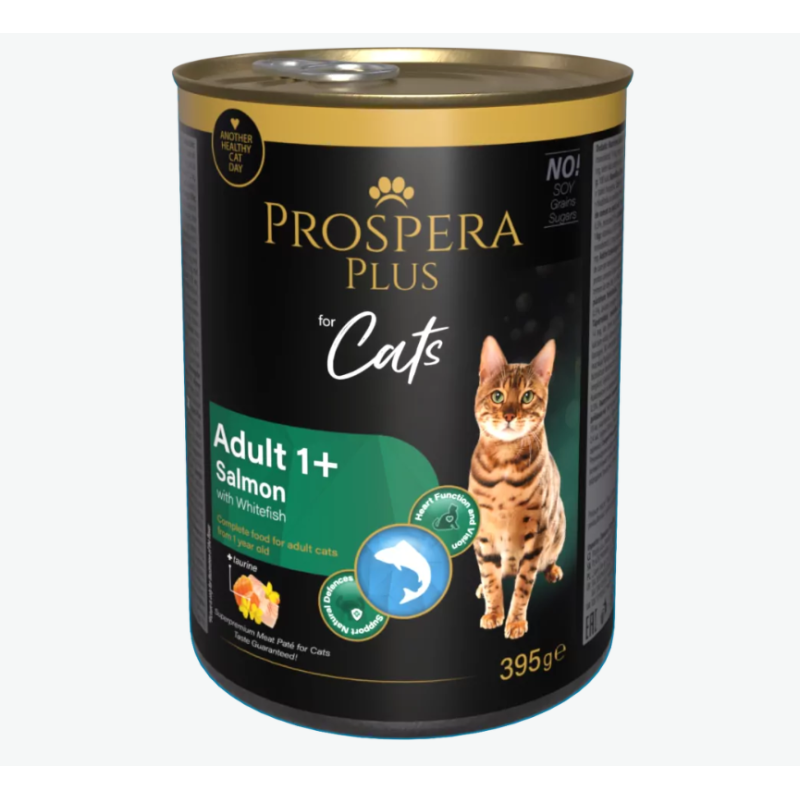 Konservi kaķiem – Prospera Plus Cat Meat Paté Adult 1+, Salmon with Whitefish, 395 g