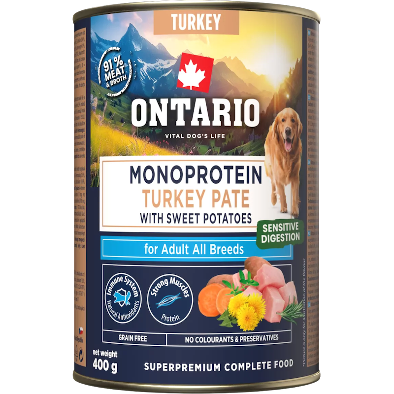 Konservi suņiem - Ontario Adult canned food, monoprotein turkey pāté with sweet potatoes
