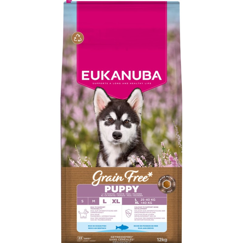 Sausa barība kucēniem - Eukanuba Puppy and Junior, Large, Grain Free, ocean fish 12 kg