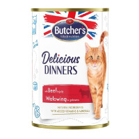 Konservēta barība kaķiem : Butchers CAT Delicious Dinners with beef chunks in Jelly 400g