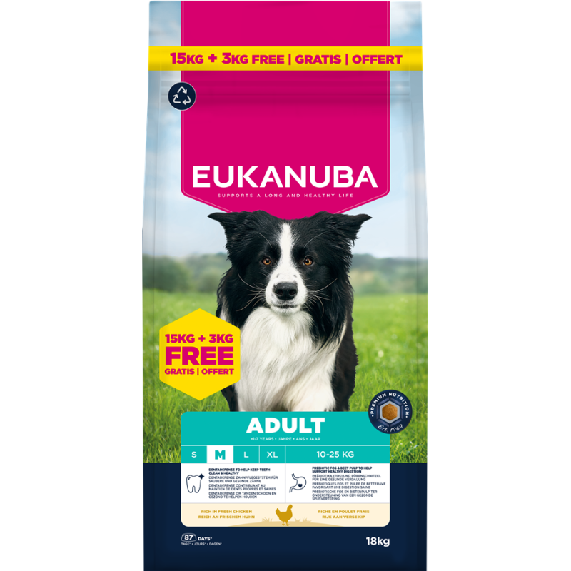 Sausa barība suņiem - Eukanuba Adult Medium Chicken, 15+3 kg