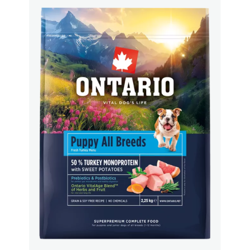 Barība kucēniem – Ontario Puppy and Junior All Breeds, Monoprotein, Turkey and Sweet Potat