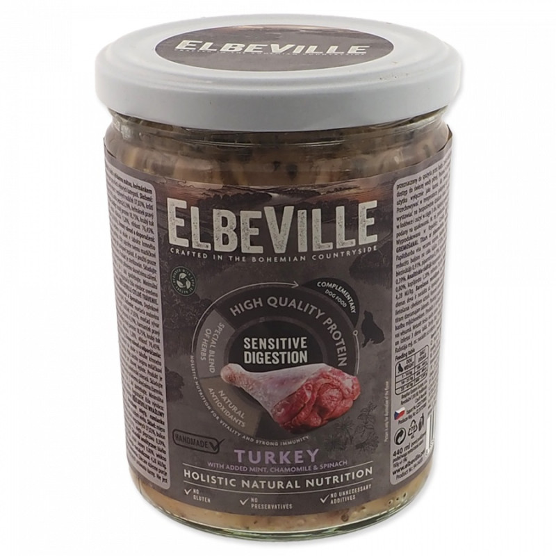 Konservi suņiem – ElbeVille Sensitive Digestion, Turkey with Mint, Chamomile and Spinach,