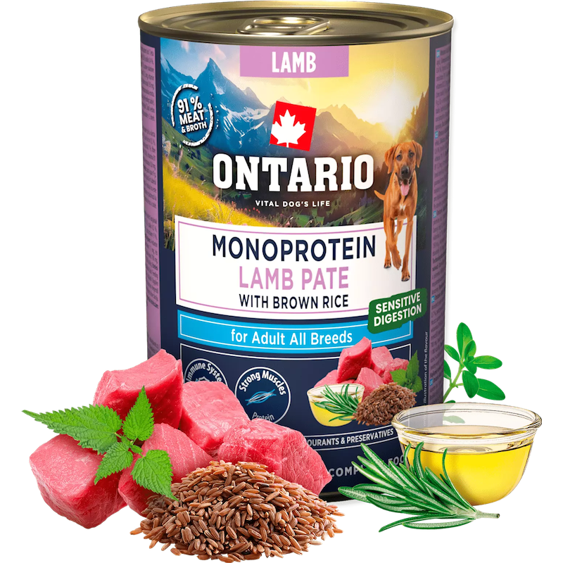 Konservi suņiem - Ontario Adult Monoprotein Lamb Pate with Brown Rice 400g