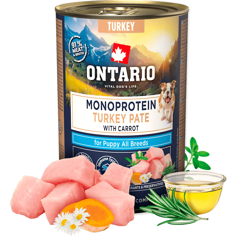 Konservi kucēniem - Ontario Puppy canned food, monoprotein turkey pāté with carrots