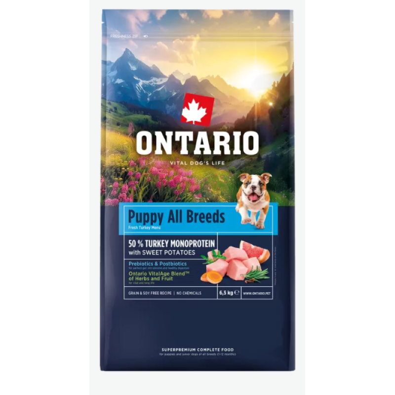 Barība kucēniem – Ontario Puppy and Junior All Breeds, Monoprotein, Turkey and Sweet Potat