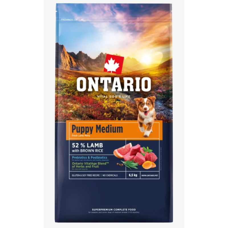 Barība kucēniem – Ontario Puppy Medium, Lamb and Brown Rice, 6,5 kg