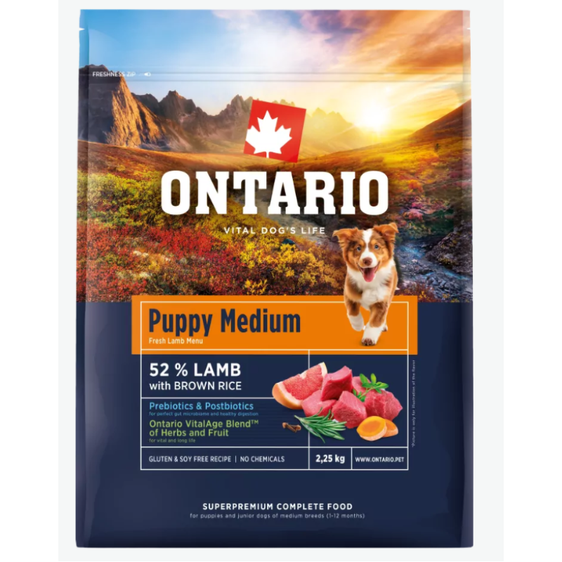 Barība kucēniem – Ontario Puppy Medium, Lamb and Brown Rice, 2,25 kg