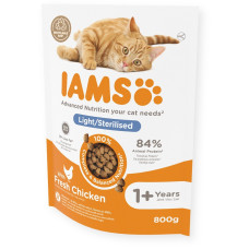 IAMS CAT ADULT LIGHT/STERYLISED CHICKEN 800gr. Sausā barība pieaugušiem kaķiem ar lieko sv
