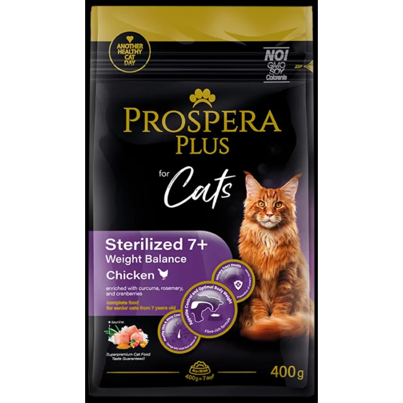 Barība kaķiem – Prospera Plus Sterilized 7+ Chicken Weight Balance, 0,4 kg