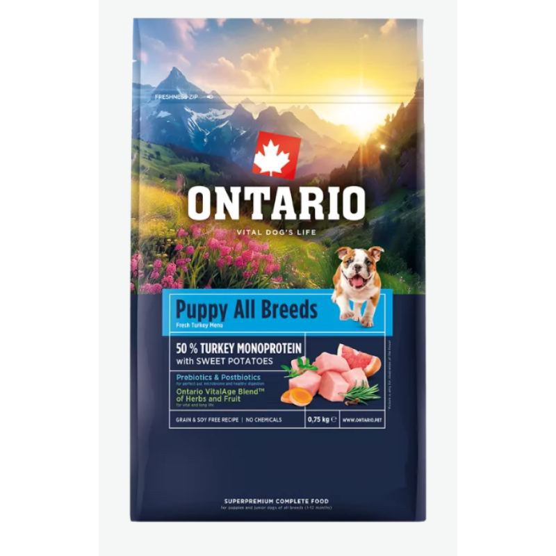 Barība kucēniem – Ontario Puppy and Junior All Breeds, Monoprotein, Turkey and Sweet Potatoes, 0,75 kg 