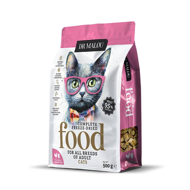 Сублимированный корм для кошек - DR Malou, Chicken with chicken hearts CAT KARMA - Adult 500g