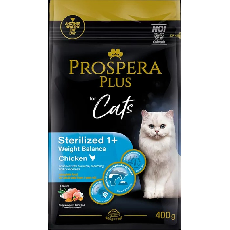 Barība kaķiem – Prospera Plus Sterilized 1+ Chicken Weight Balance, 0,4 kg