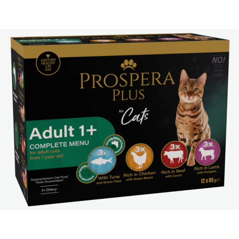 Konservi kaķiem - Prospera Plus, Cat Pouch Adult 1+, Mix, 12 x 85 g