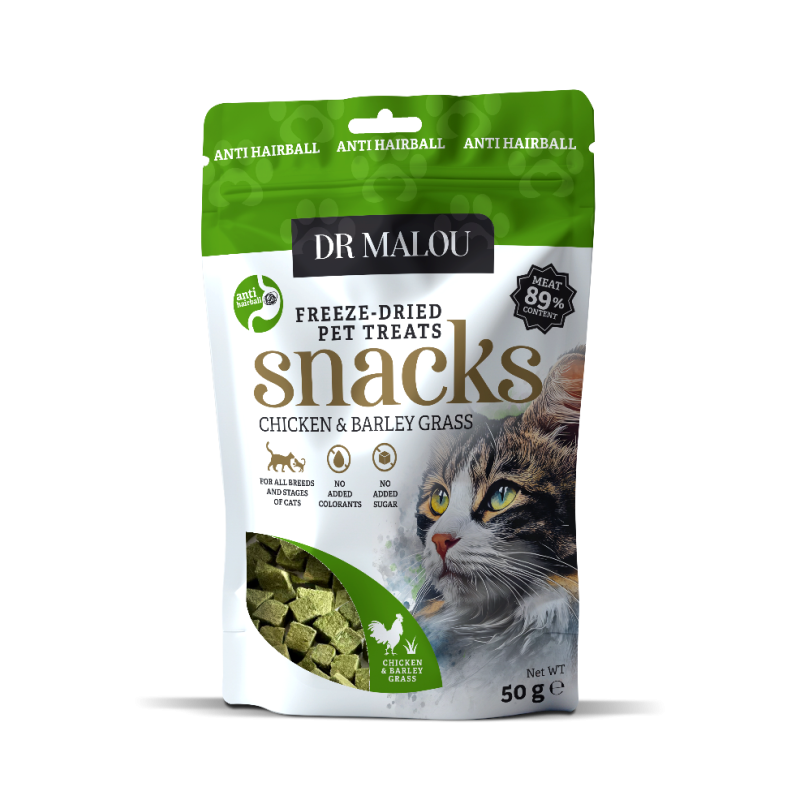 Лакомства для кошек - DR Malou, Cat treats cubes with chicken and GRASS 50g