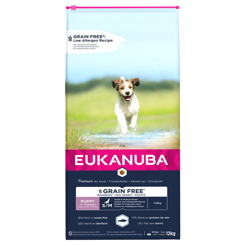 Sausa barība kucēniem - Eukanuba Puppy & Junior, Small & Medium, GRAIN FREE OCEAN FISH 12k