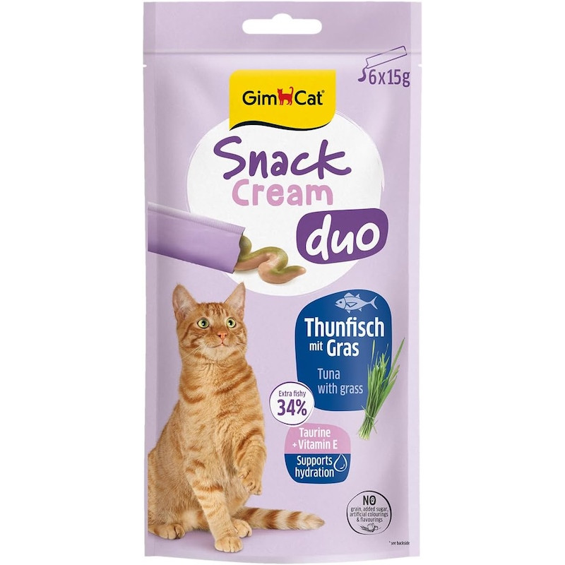 Gardumi kaķiem - GimCat SNACK CREAM DUO TUNA & GRASS 6 X 15 G