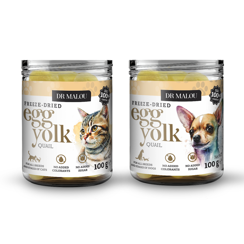 Vitamīnizēta papildbarība - DR Malou, Freeze-dried quail egg yolk for cats and dogs 100g